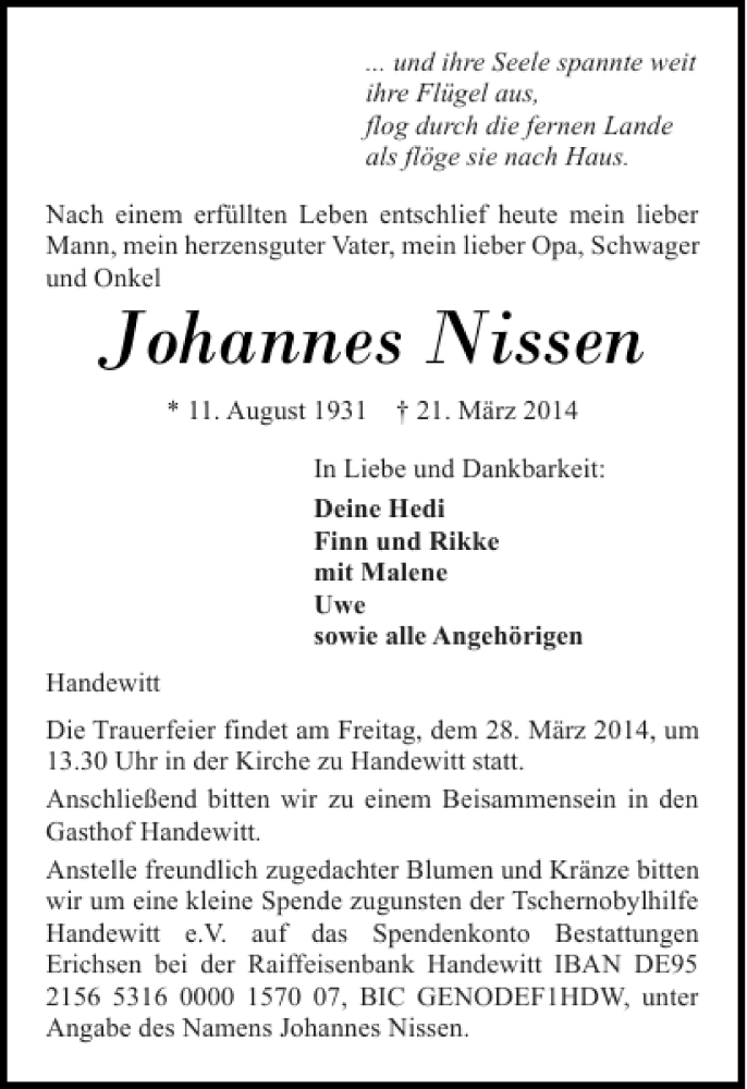  Traueranzeige für Johannes Nissen vom 25.03.2014 aus Flensburger Tageblatt