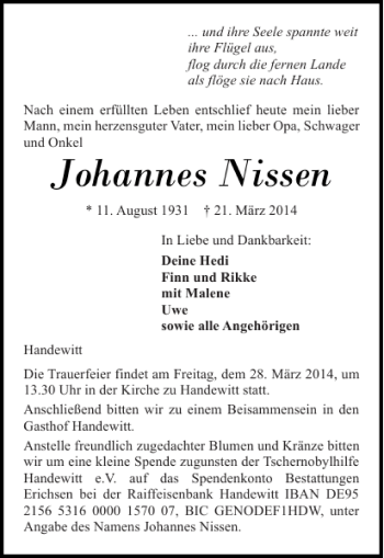 Traueranzeige von Johannes Nissen von Flensburger Tageblatt