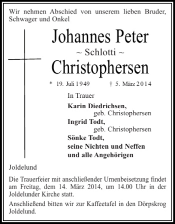 Traueranzeige von Johannes Peter Christophersen von Husumer Nachrichten