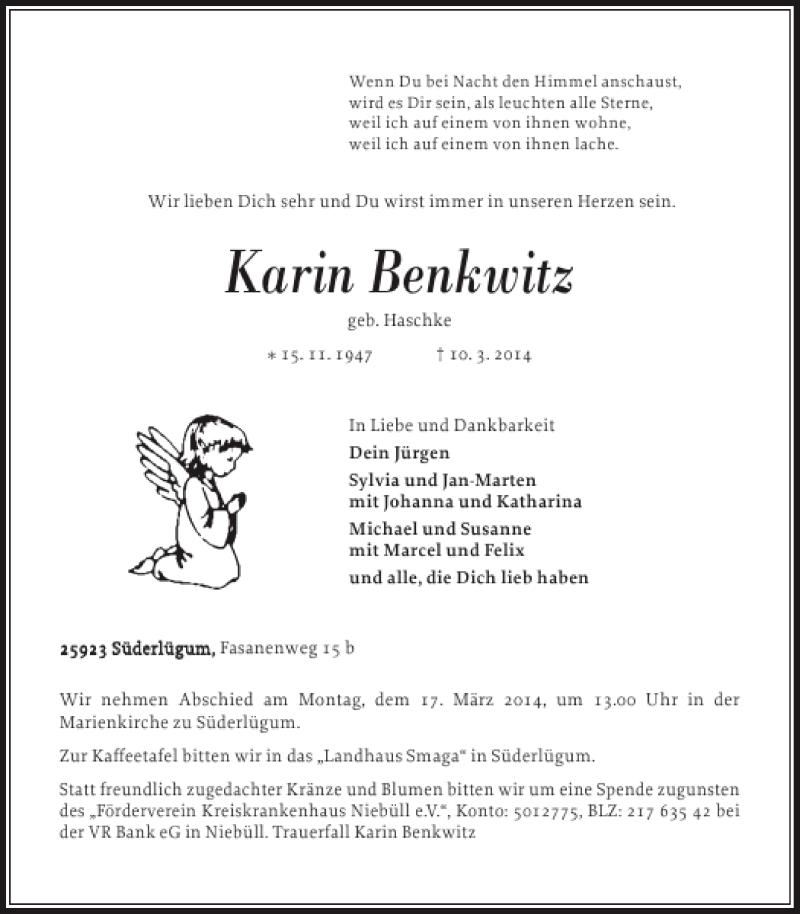  Traueranzeige für Karin Benkwitz vom 13.03.2014 aus Nordfriesland Tageblatt