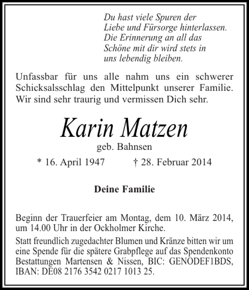  Traueranzeige für Karin Matzen vom 06.03.2014 aus Husumer Nachrichten