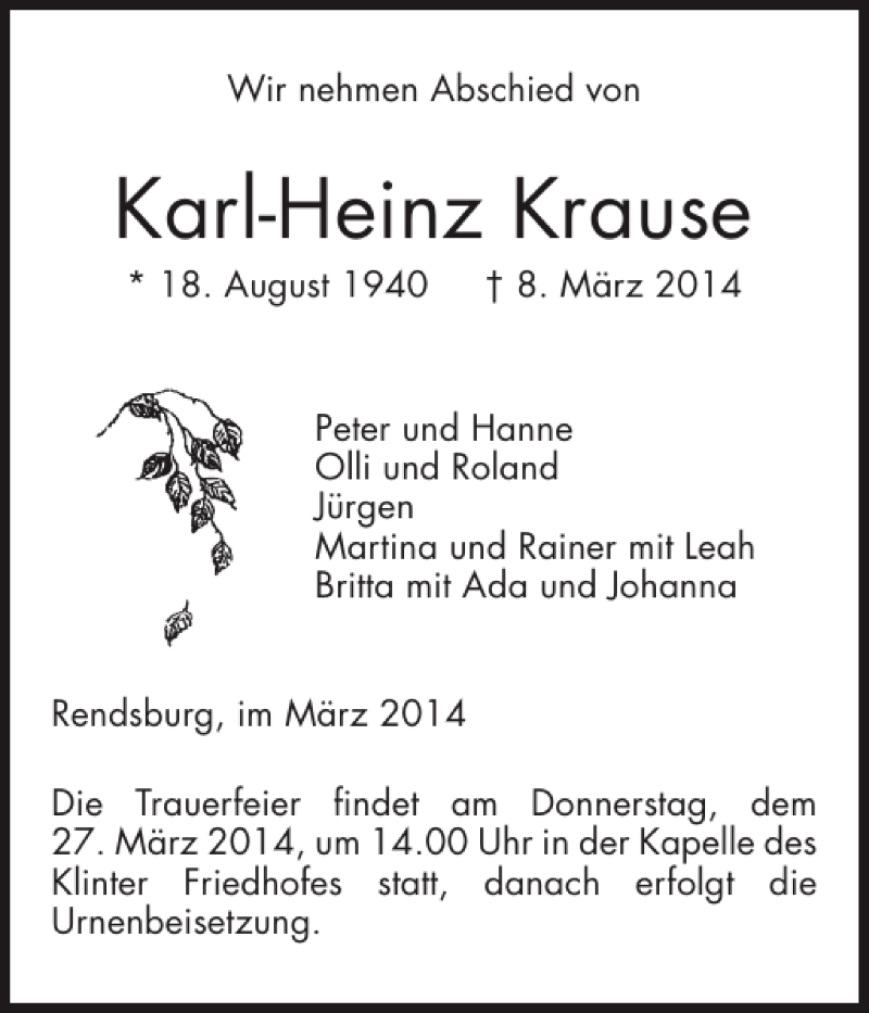  Traueranzeige für Karl-Heinz Krause vom 22.03.2014 aus Landeszeitung