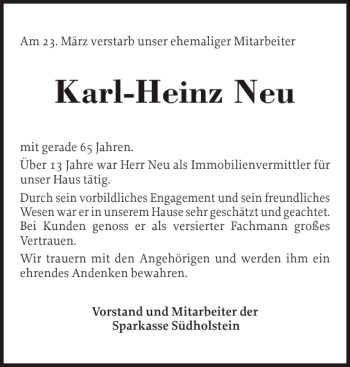 Traueranzeige von Karl-Heinz Neu von Holsteinischer Courier