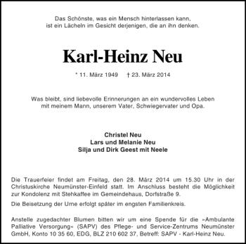 Traueranzeige von Karl-Heinz Neu von Holsteinischer Courier