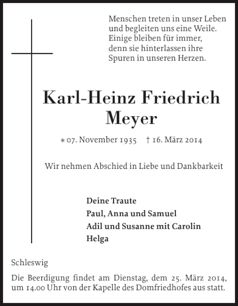  Traueranzeige für Karl-Heinz Friedrich Meyer vom 21.03.2014 aus Schleswiger Nachrichten