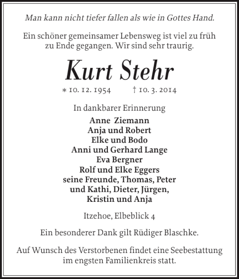  Traueranzeige für Kurt Stehr vom 15.03.2014 aus Norddeutsche Rundschau