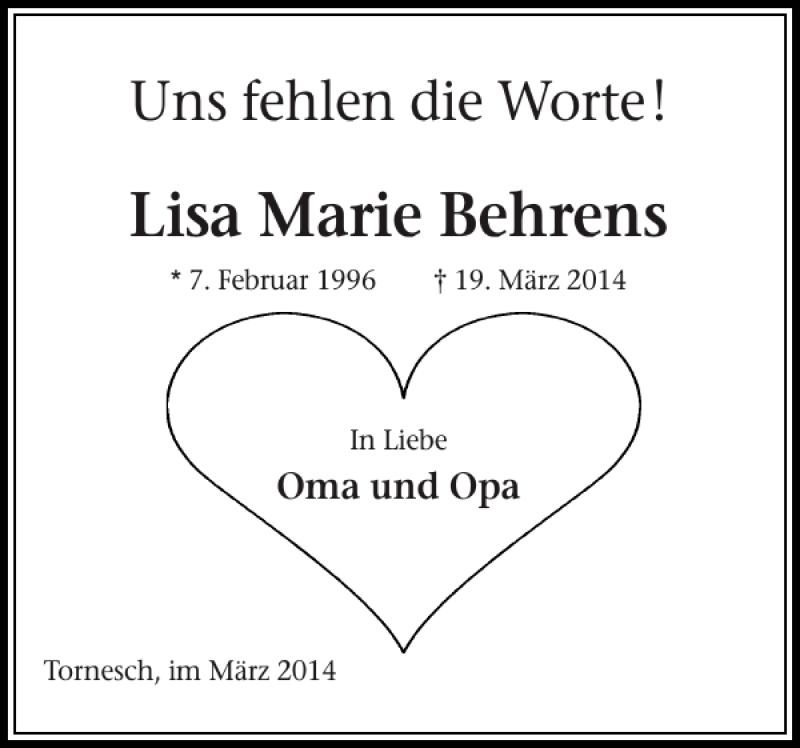  Traueranzeige für Lisa Marie Behrens vom 29.03.2014 aus Pinneberger Tageblatt
