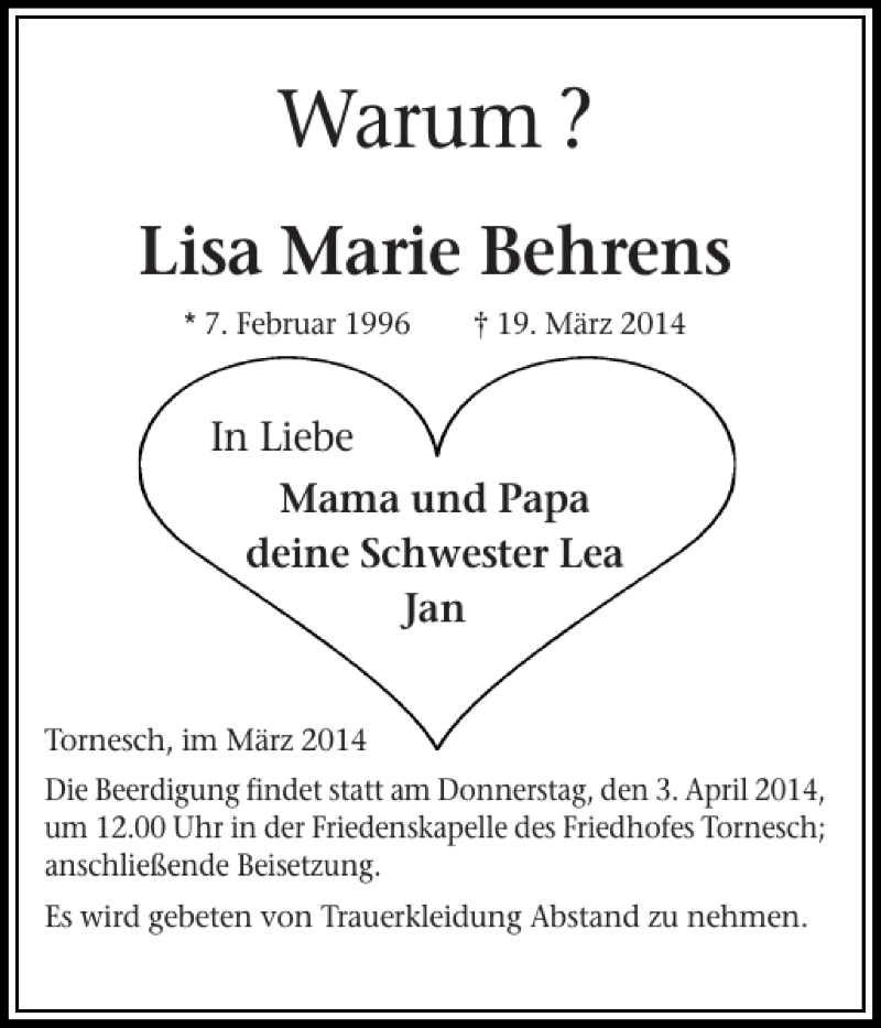  Traueranzeige für Lisa Marie Behrens vom 29.03.2014 aus Pinneberger Tageblatt