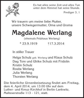 Traueranzeige von Magdalene Werlang von Ostholsteiner Anzeiger