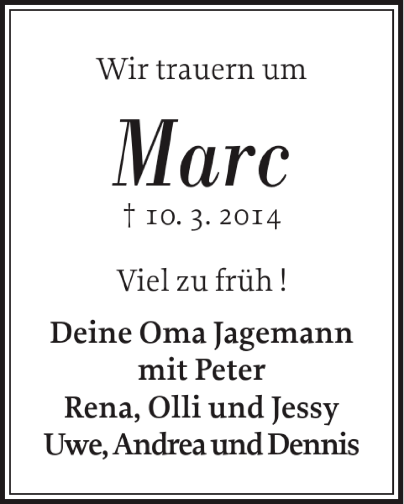  Traueranzeige für Marc  vom 15.03.2014 aus Norddeutsche Rundschau