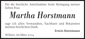 Traueranzeige von Martha Horstmann von Norddeutsche Rundschau