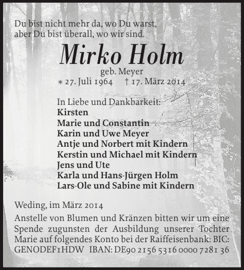  Traueranzeige für Mirko Holm vom 22.03.2014 aus Flensburger Tageblatt