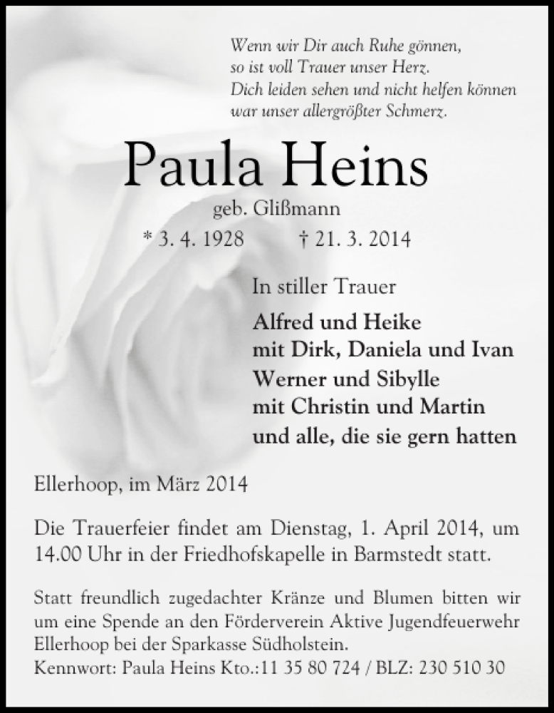  Traueranzeige für Paula Heins vom 27.03.2014 aus Elmshorner Nachrichten