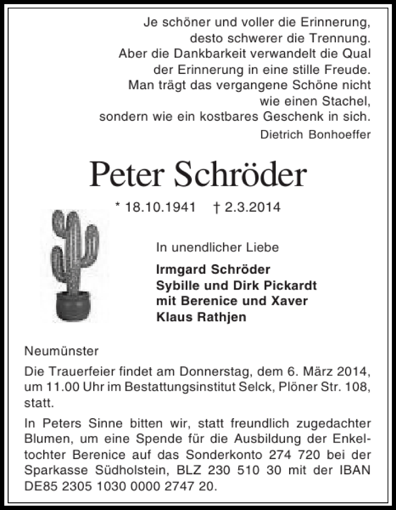  Traueranzeige für Peter Schröder vom 05.03.2014 aus Holsteinischer Courier