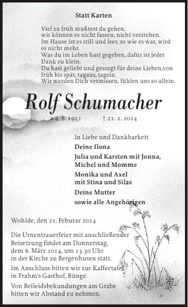  Traueranzeige für Rolf Schumacher vom 01.03.2014 aus Schleswiger Nachrichten