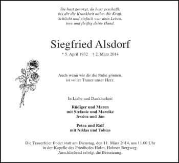 Traueranzeige von Siegfried Alsdorf von Pinneberger Tageblatt