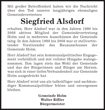 Traueranzeige von Siegfried Alsdorf von Pinneberger Tageblatt
