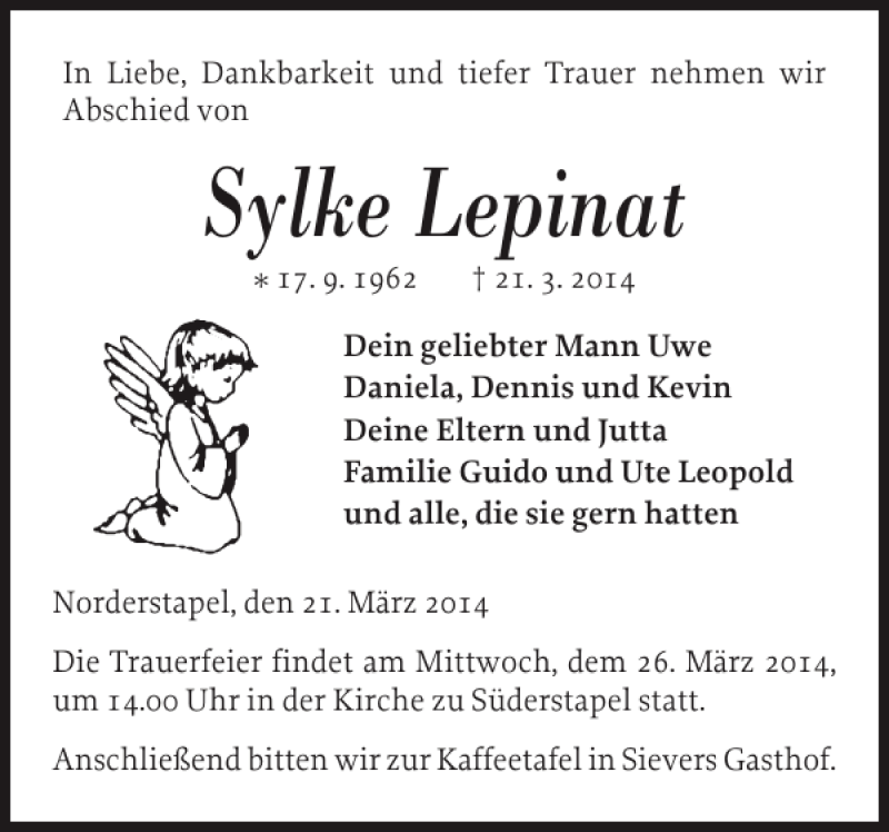  Traueranzeige für Sylke Lepinat vom 24.03.2014 aus Husumer Nachrichten