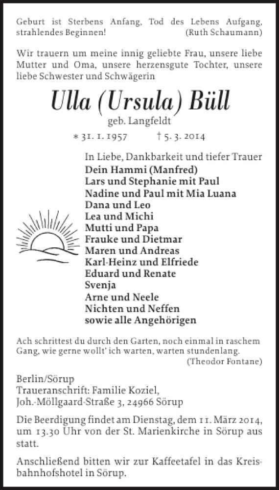  Traueranzeige für Ulla Ursula Büll vom 08.03.2014 aus Flensburger Tageblatt
