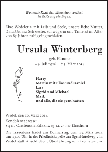 Traueranzeige von Ursula Winterberg von Pinneberger Tageblatt
