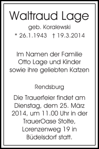 Traueranzeige von Waltraud Lage von Landeszeitung