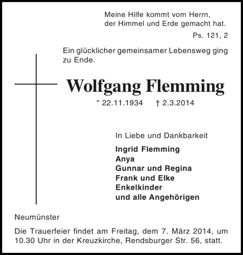  Traueranzeige für Wolfgang Flemming vom 05.03.2014 aus Holsteinischer Courier