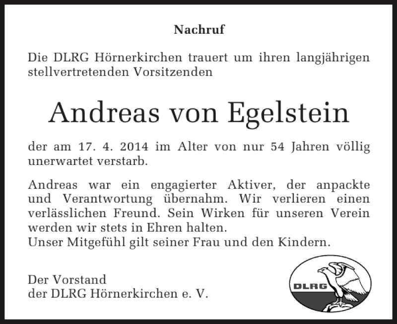  Traueranzeige für Andreas von Egelstein vom 26.04.2014 aus Elmshorner Nachrichten