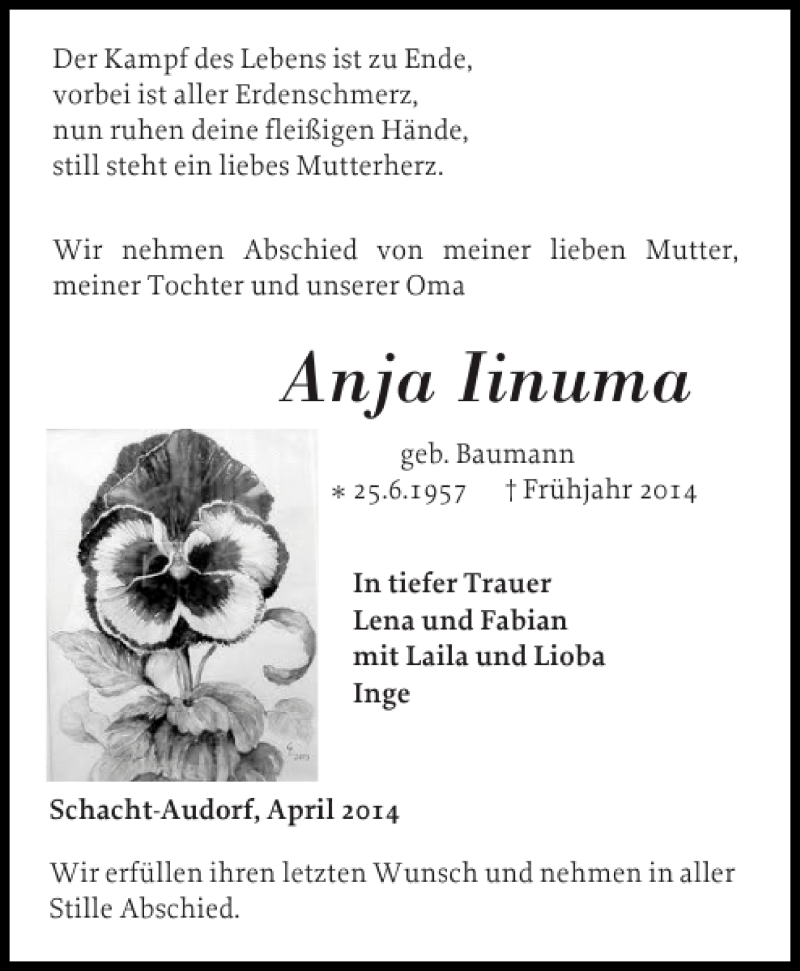  Traueranzeige für Anja Iinuma vom 12.04.2014 aus Landeszeitung