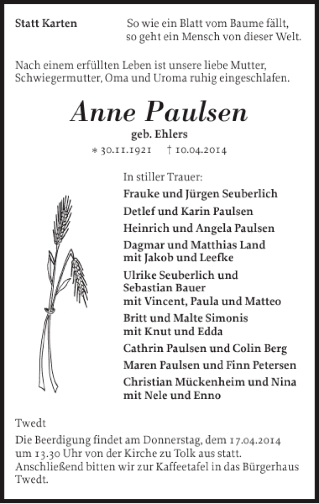  Traueranzeige für Anne Paulsen vom 14.04.2014 aus Schleswiger Nachrichten