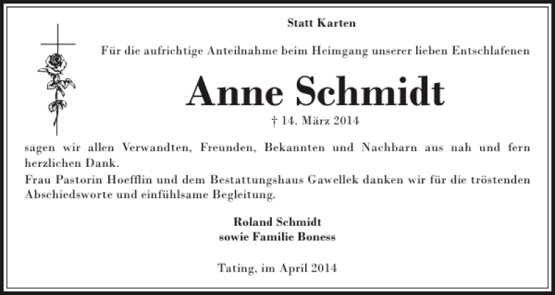  Traueranzeige für Anne Schmidt vom 25.04.2014 aus Husumer Nachrichten