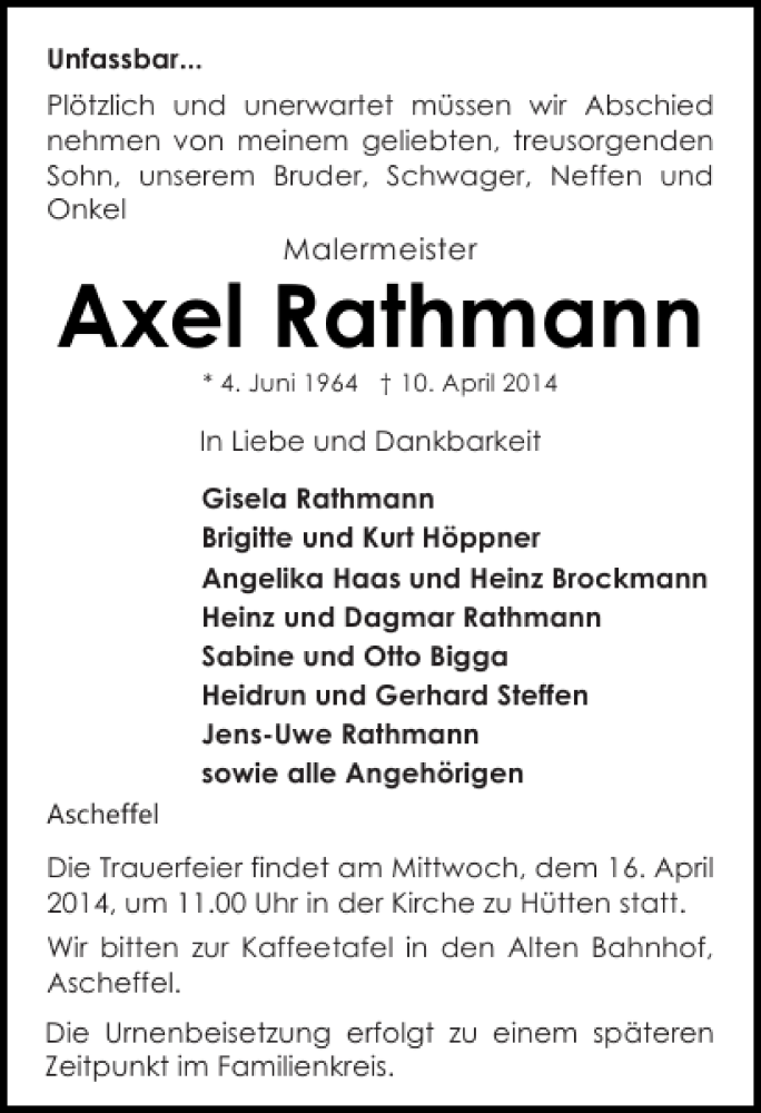  Traueranzeige für Axel Rathmann vom 14.04.2014 aus Eckernförder Zeitung