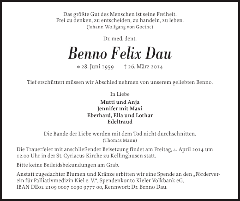  Traueranzeige für Benno Felix Dau vom 02.04.2014 aus Norddeutsche Rundschau