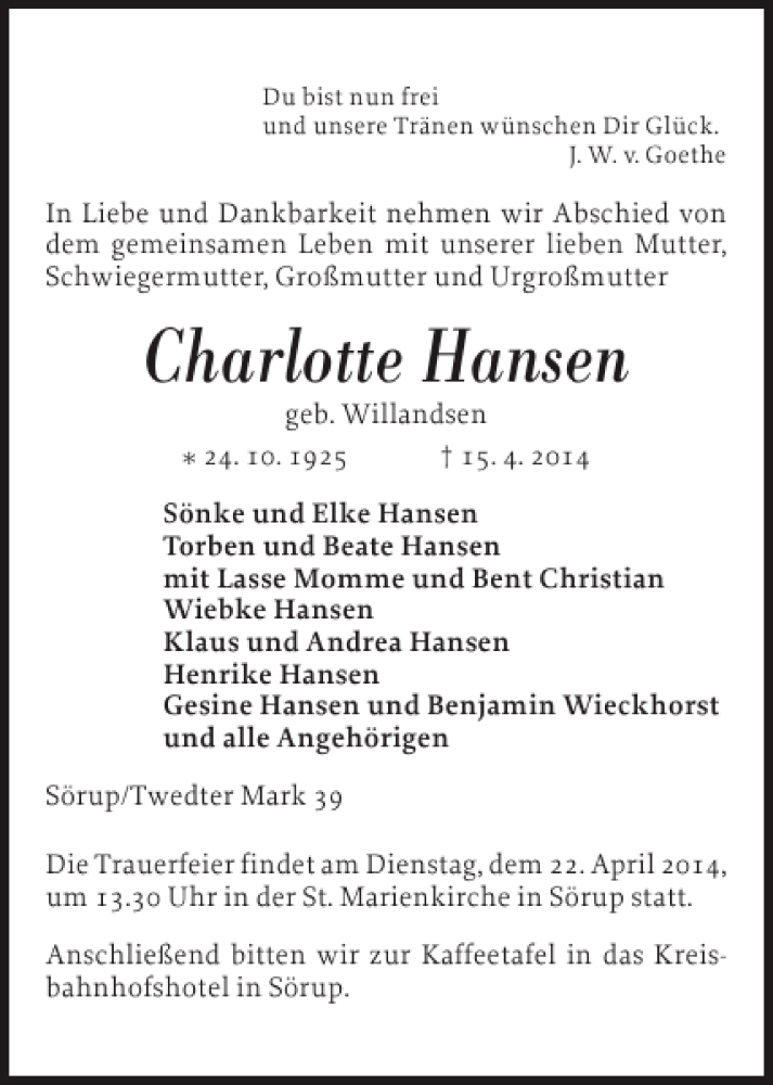  Traueranzeige für Charlotte Hansen vom 17.04.2014 aus Flensburger Tageblatt