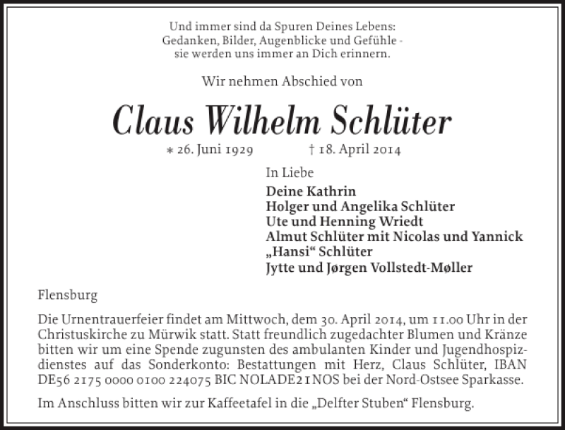  Traueranzeige für Claus Wilhelm Schlüter vom 26.04.2014 aus Flensburger Tageblatt