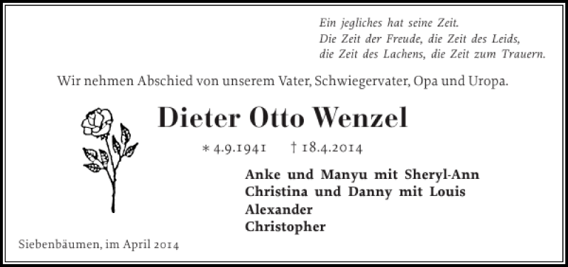  Traueranzeige für Dieter Otto Wenzel vom 26.04.2014 aus Stormarner Tageblatt