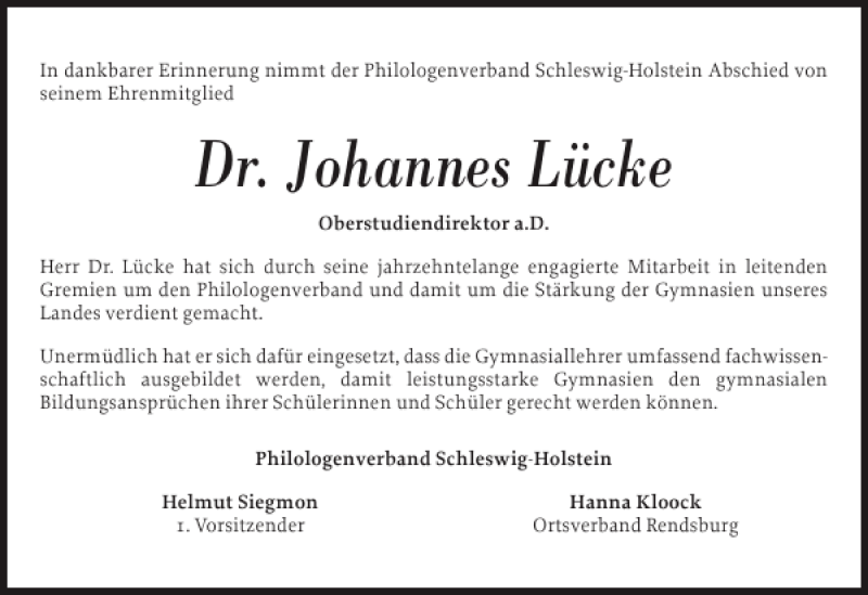  Traueranzeige für Dr. Johannes Lücke vom 05.04.2014 aus Landeszeitung
