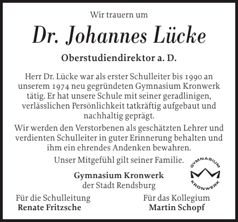  Traueranzeige für Dr. Johannes Lücke vom 03.04.2014 aus Landeszeitung