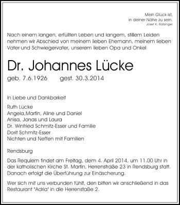 Traueranzeige von Dr. Johannes Lücke von Landeszeitung