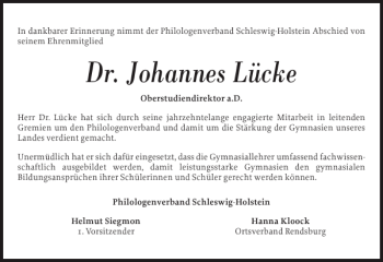 Traueranzeige von Dr. Johannes Lücke von Landeszeitung
