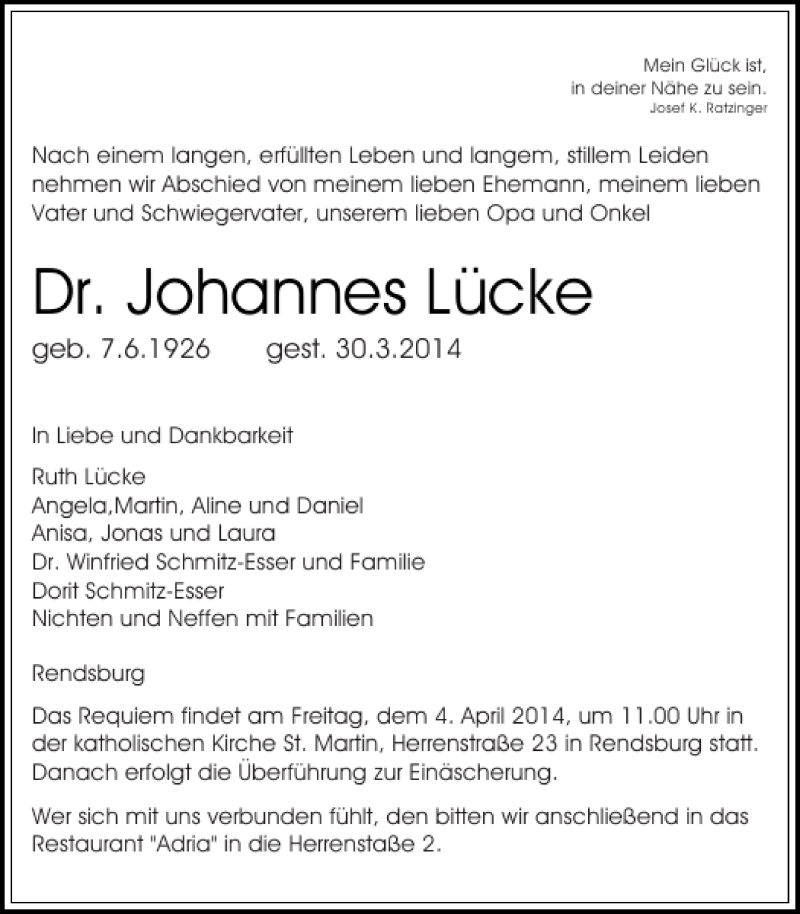  Traueranzeige für Dr. Johannes Lücke vom 02.04.2014 aus Landeszeitung