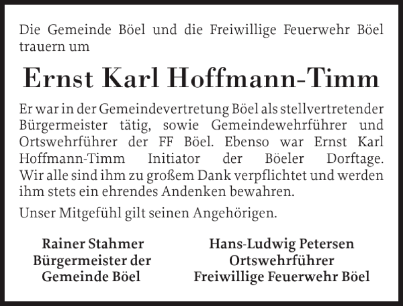  Traueranzeige für Ernst Karl Hoffmann-Timm vom 03.04.2014 aus Schleswiger Nachrichten