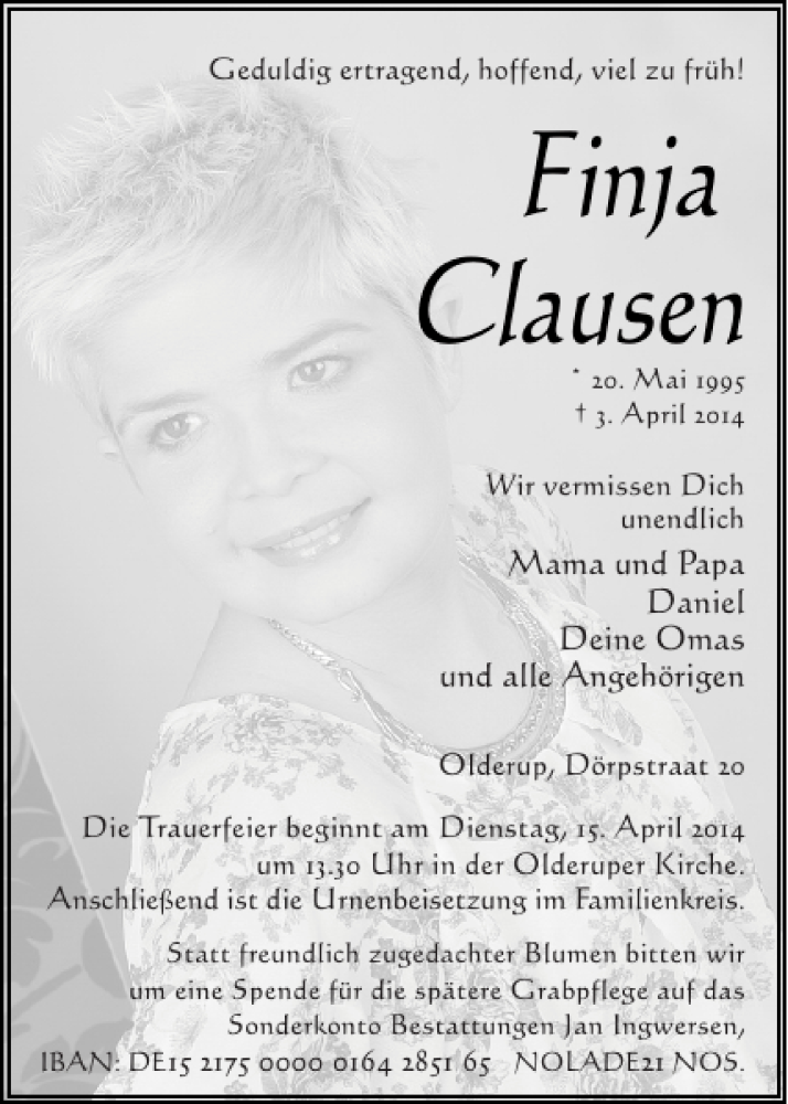  Traueranzeige für Finja Clausen vom 08.04.2014 aus Husumer Nachrichten
