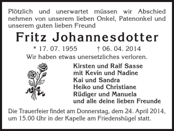 Traueranzeige von Fritz Johannesdotter von Flensburger Tageblatt