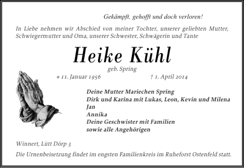  Traueranzeige für Heike Kühl vom 04.04.2014 aus Husumer Nachrichten