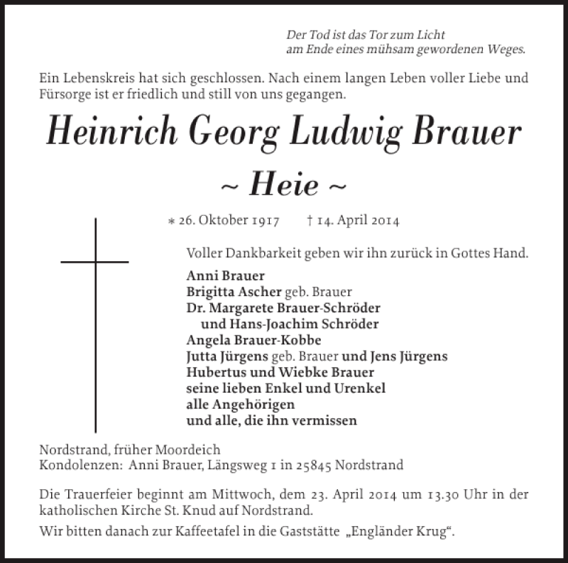  Traueranzeige für Heinrich Georg Ludwig Brauer vom 16.04.2014 aus Husumer Nachrichten