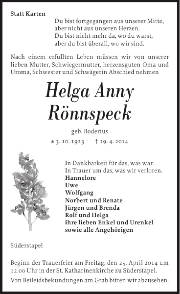  Traueranzeige für Helga Anny Rönnspeck vom 23.04.2014 aus Husumer Nachrichten