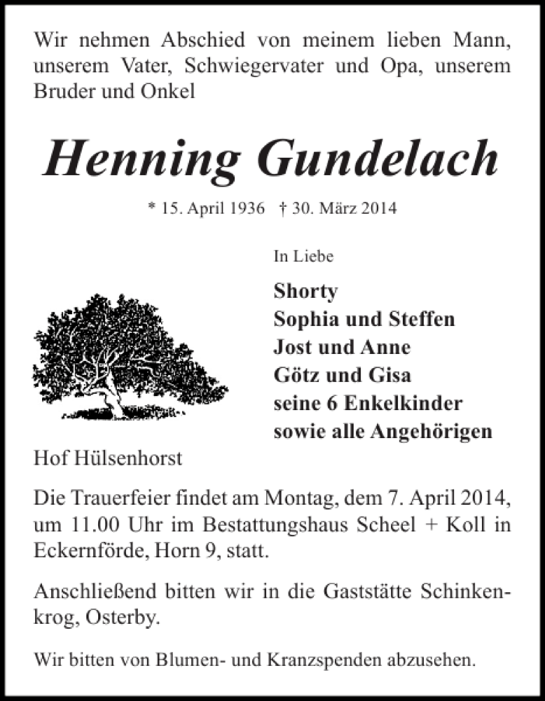  Traueranzeige für Henning Gundelach vom 02.04.2014 aus Eckernförder Zeitung