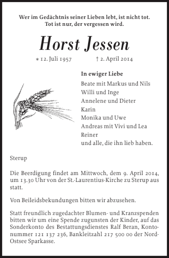  Traueranzeige für Horst Jessen vom 07.04.2014 aus Flensburger Tageblatt