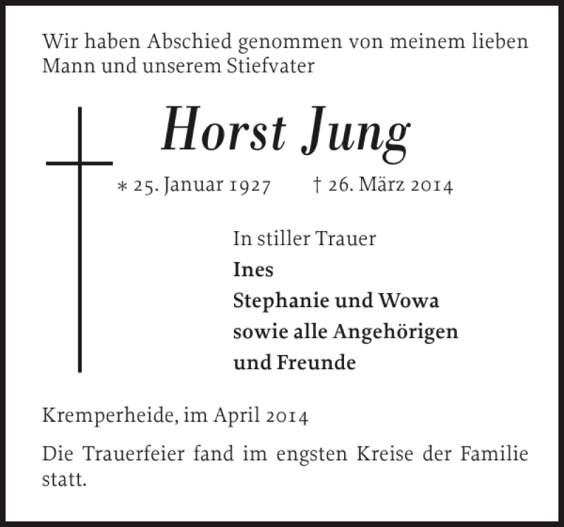  Traueranzeige für Horst Jung vom 05.04.2014 aus Norddeutsche Rundschau