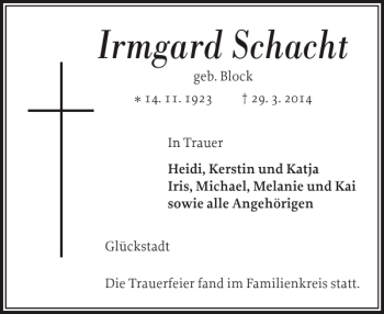 Traueranzeige von Irmgard Schacht von Norddeutsche Rundschau